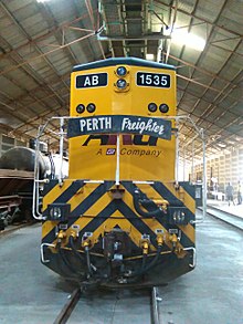 A portrait photo of ex-WAGR AB Class #1535 (previously owned by Australian Railroad Group, then owned by Aurizon), an EMD G22CU built by Clyde Engineering, Granville, New South Wales, Australia. Taken at the opening of "Stage 1" for Wheatbelt Heritage Rail (30 April 2017). AB1535 Portrait.jpg