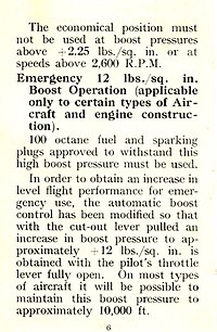 Страница из Справочника Лётчика по Merlin II, III и V (A.P.1590B), позволяющяя использовать наддув 12 фунтов на дюйм² и 100-октановый бензин.