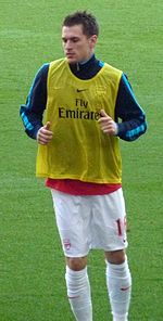 Ramsey warming up with Arsenal before a match against Aston Villa in 2012 Aaron Ramsey 16.jpg