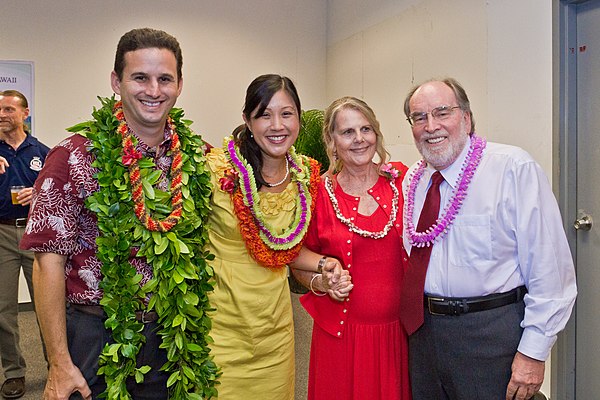 Schatz, his wife, Linda Kwok Kai Yun Schatz; incoming Hawaii First Lady Nancie Caraway; and Governor-elect Neil Abercrombie on Election Day 2010.