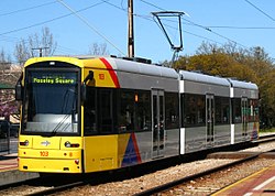100 Series (Flexity Classic) tram on the 10.8 km (6.7 mi) sole-use reservation from Adelaide to Glenelg Adelaide Tram.jpg
