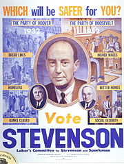 Adlai Stevenson warns against a return of the Republican policies of Herbert Hoover, 1952 campaign poster Adlai Stevenson 1952 campaign poster.JPG