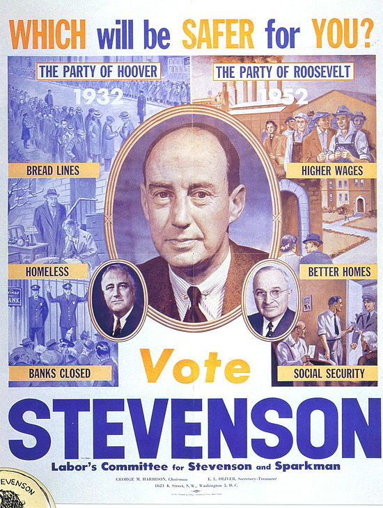 Adlai Stevenson warns against a return of the Republican policies of President Herbert Hoover.