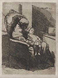 Femme assise de profil dans un fauteuil tenant un enfant sur ses genoux, 1876 (Eau-forte ; Inv. Delchevalerie no 49 ; 24,4 × 18,1 cm), Minneapolis, Minneapolis Institute of Art