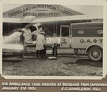 One of the De Havilland DH.50's flown by Qantas, doing ambulance work, delivering a patient to Brisbane in 1931. Air ambulance QANTAS Brisbane 1931.jpg