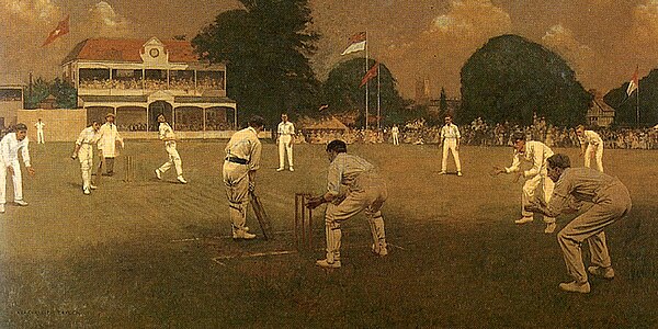 Kent versus Lancashire in 1906, by Albert Chevallier Tayler. The painting shows the Pavilion as it stood in 1906.