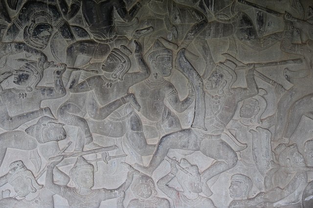 Pickup throw on the left. Bas-relief at Angkor Wat (12th century) in Cambodia.