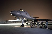 A B-1B of 28th Bomb Wing preparing to launch a strike mission from Al Udeid Air Base B-1B, 28th Bomb Wing, prepares to launch a strike mission from Al Udeid AIr Base, April 13 2018.jpg