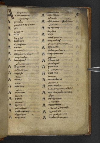 The first page of the First Cleopatra Glossary BL Cotton MS Cleopatra A III.djvu