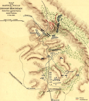 Averell's three-sided attack from north side Battle of Droop Mountain map.png