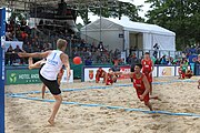 Deutsch: Beachhandball Europameisterschaften 2019 (Beach handball Euro); Tag 6: 7. Juli 2019 – Spiel um Platz Drei, Männer, Ungarn-Russland 2:0 (26:20, 23:22) English: Beach handball Euro; Day 6: 7 July 2019 – Men's Bronze Medal Match – Hungary-Russia 2:0 (26:20, 23:22)