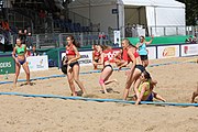 Deutsch: Beachhandball Europameisterschaften 2019 (Beach handball Euro); Tag 2: 3. Juli 2019 – Frauen, Vorrunde Gruppe D, Ukraine-Deutschland 2:0 (23:22, 32:24) English: Beach handball Euro; Day 2: 3 July 2019 – Women Preliminary Round Group D – Ukraine-Germany 2:0 (23:22, 32:24)