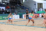 Deutsch: Beachhandball Europameisterschaften 2019 (Beach handball Euro); Tag 2: 3. Juli 2019 – Frauen, Vorrunde Gruppe D, Ukraine-Deutschland 2:0 (23:22, 32:24) English: Beach handball Euro; Day 2: 3 July 2019 – Women Preliminary Round Group D – Ukraine-Germany 2:0 (23:22, 32:24)