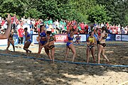 Deutsch: Beachhandball Europameisterschaften 2019 (Beach handball Euro); Tag 4: 5. Juli 2019 – Frauen, Viertelfinale, Spanien-Ungarn 1:2 (14:16, 26:16, 2:5) English: Beach handball Euro; Day 4: 5 July 2019 – Quarter Final Women – Spain-Hungary 1:2 (14:16, 26:16, 2:5)