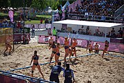 Deutsch: Beachhandball bei den Olympischen Jugendspielen 2018; Tag 3, 10. Oktober 2018; Mädchen, Vorrunde, Gruppe B - Niederlande-Argentinien 2:0 English: Beach handball at the 2018 Summer Youth Olympics at 10 October 2018 – Girls Preliminary Round Group B‎ – Netherlands-Argentina 2:0