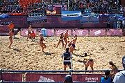 Deutsch: Beachhandball bei den Olympischen Jugendspielen 2018; Tag 3, 10. Oktober 2018; Mädchen, Vorrunde, Gruppe B - Niederlande-Argentinien 2:0 English: Beach handball at the 2018 Summer Youth Olympics at 10 October 2018 – Girls Preliminary Round Group B‎ – Netherlands-Argentina 2:0