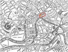 Location of Bristol Castle shown on an 1882 map of the city. Keep marked in yellow, curtain walls in red BristolCastle 1882Map.svg