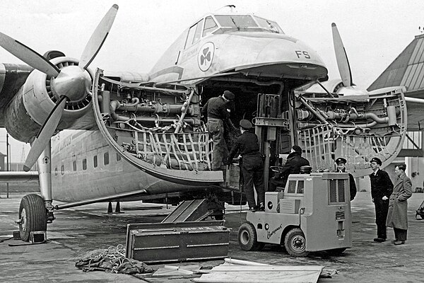 Bristol Freighter operated by Aer Lingus being loaded through the clamshell nose doors in 1952