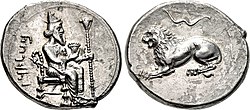Coin of Mazaios, with Artaxerxes III as Pharaoh. Satrap of Cilicia, 361/0-334 BC. Tarsos, Cilicia. CILICIA, Tarsos. Mazaios. Satrap of Cilicia, 361-0-334 BCE.jpg