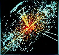 Simulation af en kollision mellem to protoner, hvilket skal danne en kortlivet higgs-partikel