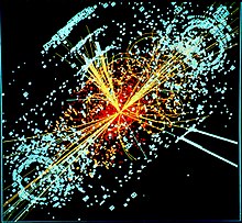 One possible signature of a Higgs boson from a simulated proton-proton collision. It decays almost immediately into two jets of hadrons and two electrons, visible as lines. CMS Higgs-event.jpg