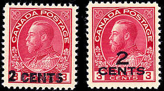 King George V Overprints of 1926 Canada KGV 2cents OvPrint set2.jpg