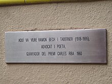 Plaque in Carrer Petritxol (Barcelona) of Bech i Taberner liging house Carrer Petritxol - Placa a la casa on va viure Ramon Bech i Taberner.JPG