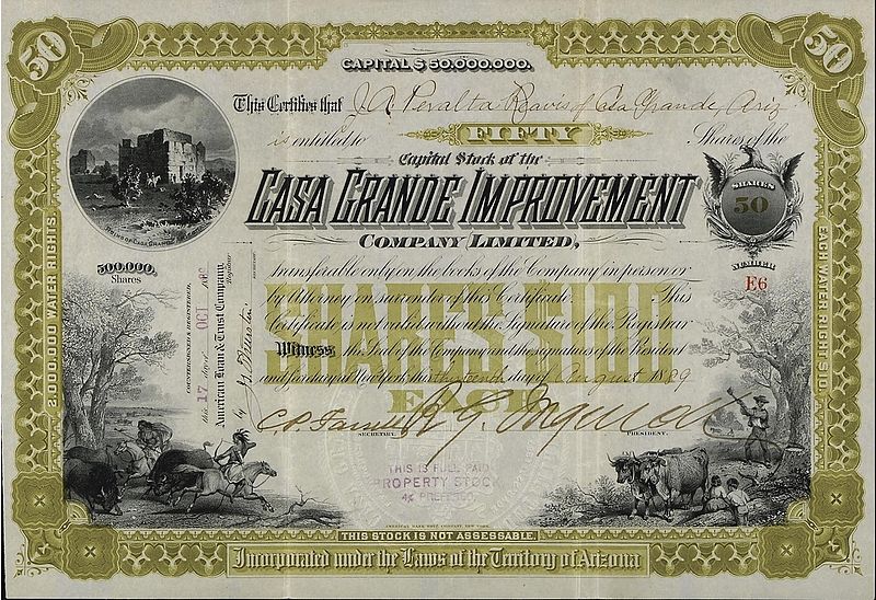 File:Casa Grande Improvement Company Limited, Territory of Arizona 50 share certificate.jpg