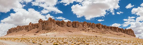 Panoramic view of the Tara Cathedrals, a rock formation at the Tara salt flat in the Atacama Desert, northern Chile.
