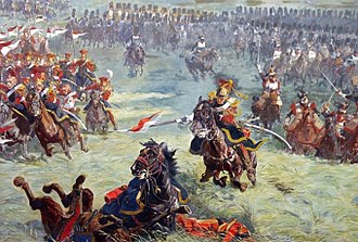 Muitos cavaleiros atacam durante uma batalha.