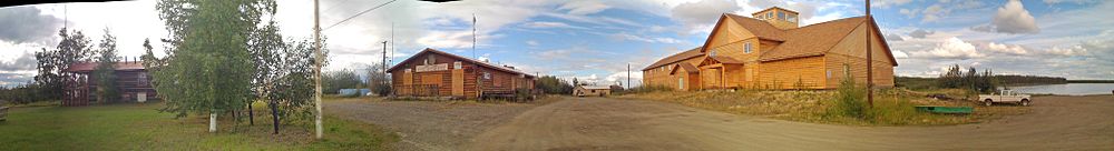 Panoramic view of Circle, Alaska, on August 6, 2008. At far right is the Yukon River.