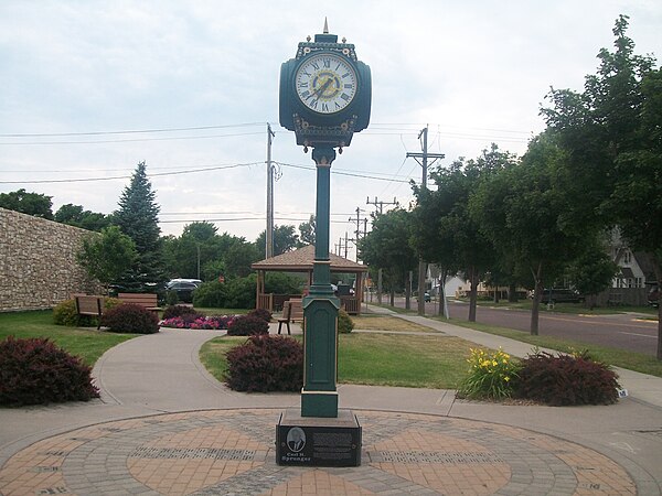 The clock at Rotary Park, across the street from the Corn Palace