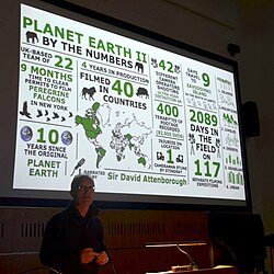 Mike Gunton presenting a talk about Planet Earth II at the Cambridge University Zoology Department in September 2017 Cmglee Mike Gunton zoology department talk.jpg