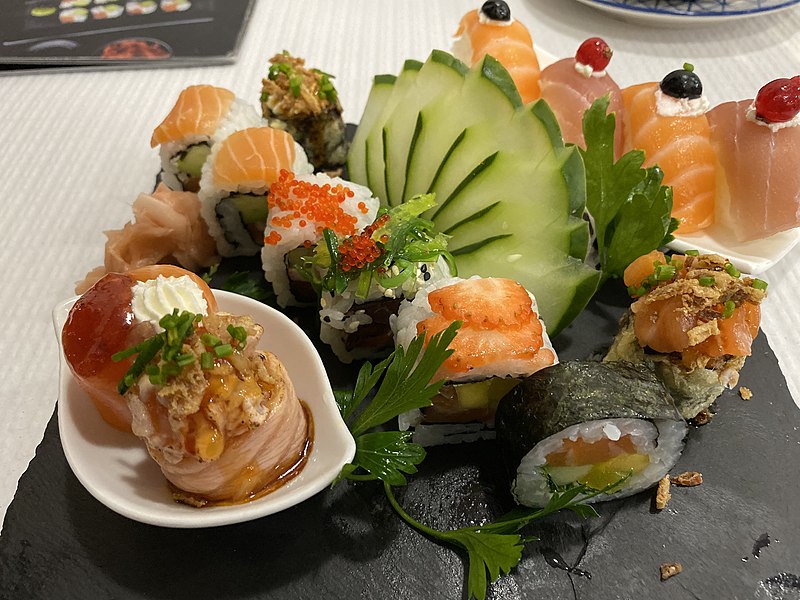 File:Coimbran version of sushi decorated with strawberries, fruit jam, currants... (49066459632).jpg