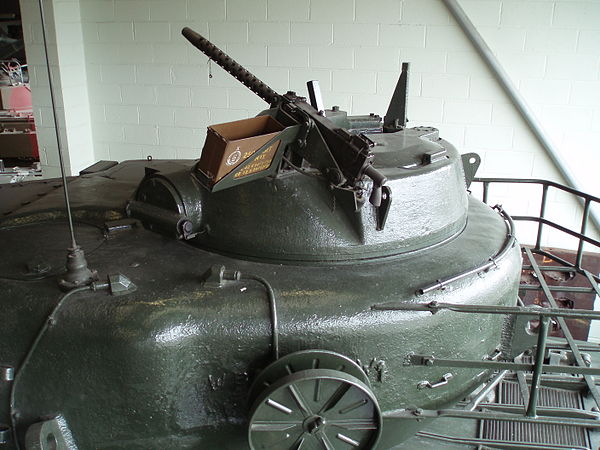 The commander's cupola of a Conqueror tank with a machine gun