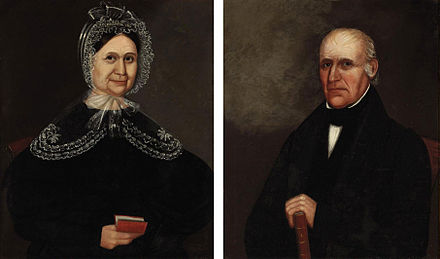 Deacon Elisha Holbrook and Sarah Thayer Holbrook. Elisha Holbrook was deacon of the old East Randolph church from 1819 to 1856, and deacon of the Winthrop Church from 1856 to 1865. His son Elisha Niles Holbrook provided the town with the funds for the town hall and library.