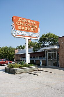 Dell Rhea's Chicken Basket in Willowbrook, Illinois is listed on the U.S. National Register of Historic Places. Dell Rhea Chicken Basket sign.jpg
