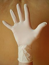 Assailants may prefer thin latex gloves because their snug fit helps to maintain dexterity. This same thin and snugness may allow the wearer's fingerprints to pass through the material. When discovered by authorities, latent fingerprints may also be recovered from the inside of these gloves. Disposable gloves 09.JPG