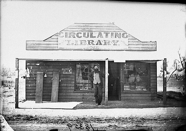 Circulating library and stationery shop, Gulgong, Australia, 1870