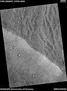 Channels that may have been made by the backwash of tsunamis in an ocean Image is from HiRISE under the HiWish program.