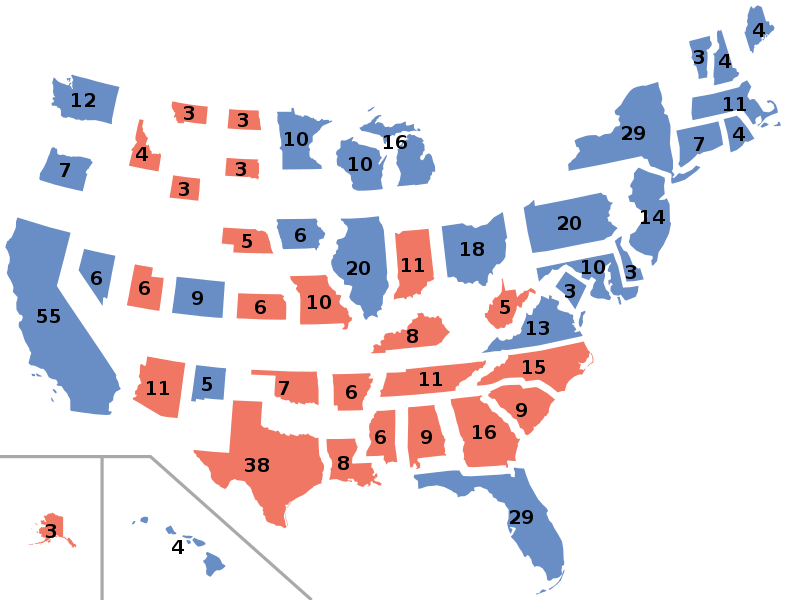 Results by state and the District of Columbia, scaled by number of Electors per state.