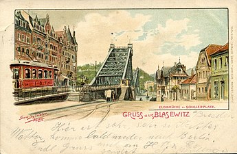 Gruss aus BLASEWITZ, ELBBRÜCKE und SCHILLERPLATZ; Motiv: Straßenbahn links im Bild; Kartennummer: 4470; Signatur: Erw.Spindler Lpzg