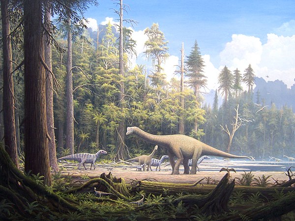 Mesozoic sauropsids: non-avialandinosaurs (Europasaurus and iguanodonts) alongside the early bird Archaeopteryx perched on the foreground tree stump.