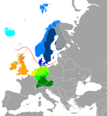 Le lingue germaniche in EuropaGermanico occidentale
     Olandese
     Basso tedesco
     Tedesco centrale
     Tedesco superiore
     Inglese
     Scozzese (Scots)
     Frisone
Germanico settentrionale
     Norvegese
     Svedese
     Danese
     Islandese
     Faroese
     Linea che divide le lingue germaniche settentrionali da quelle occidentali.