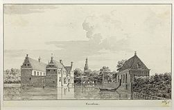 Zijaanzicht van de borg met brug en voorhuizen (Cornelis Pronk, 1759)