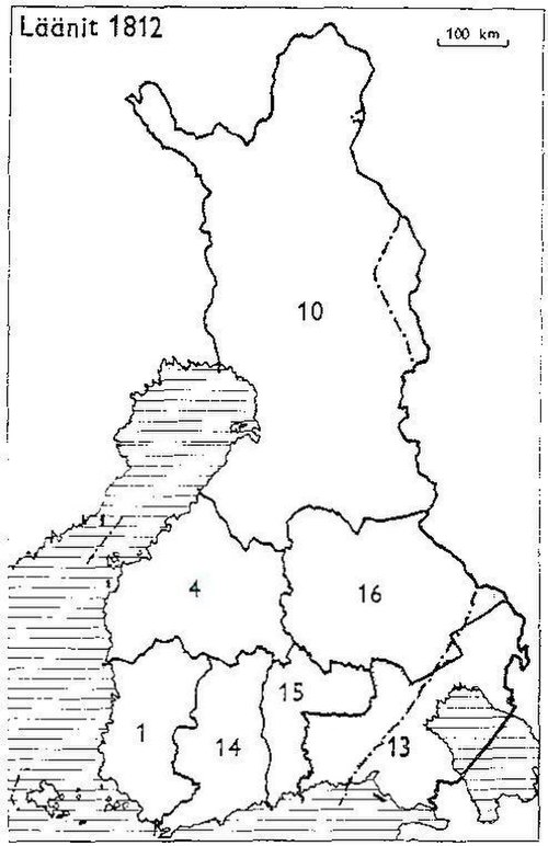 Provinces of Finland 1812:1: Turku and Pori, 4: Vaasa, 10: Oulu, 13: Viipuri, 14: Nyland and Tavastehus, 15: Kymmenegård, 16: Savolax and Karelia