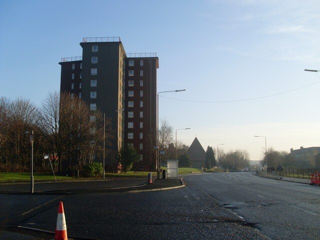 Flats on Prospecthill Crescent with St. Brigid's chapel in the background