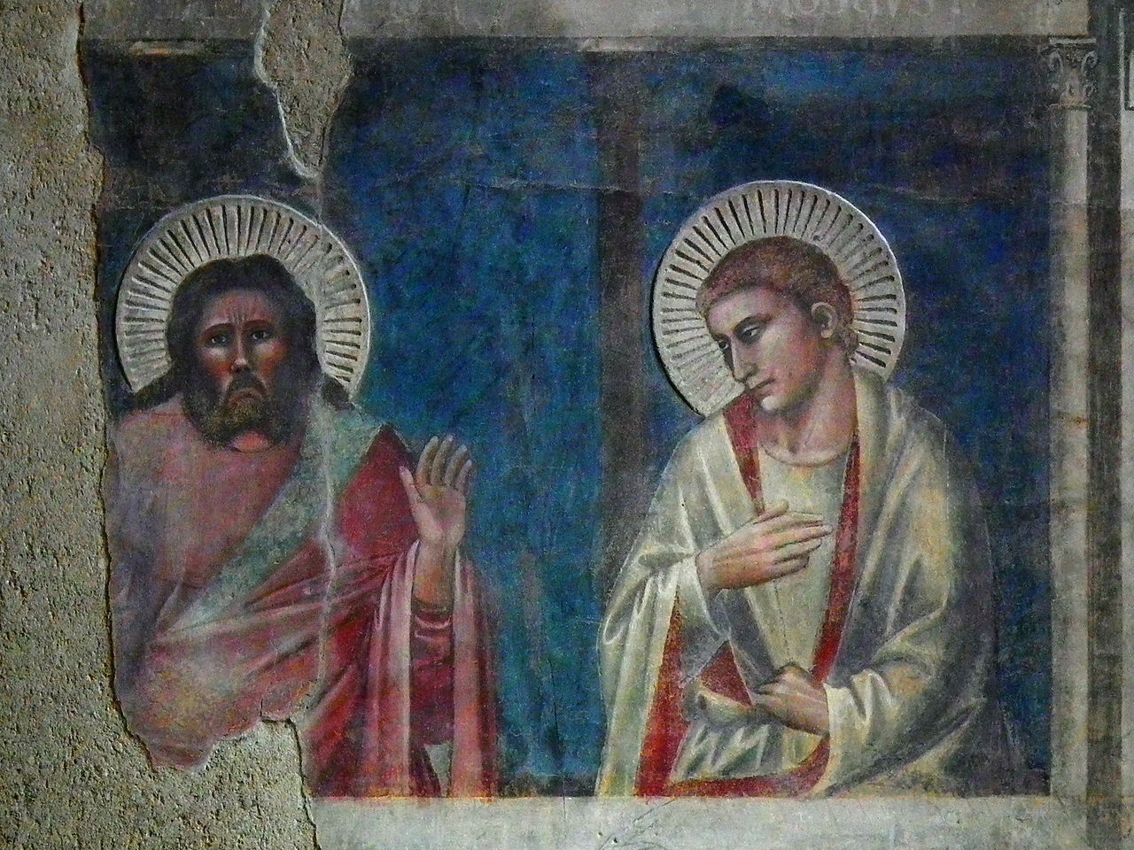 Andrea Orcagna, Cenacolo, particolare due apostoli (san Tommaso, con un eloquente gesto di dubbio, e un altro, Santo Spirito (Fondazione Salvatore Romano), 1360-65 ca.