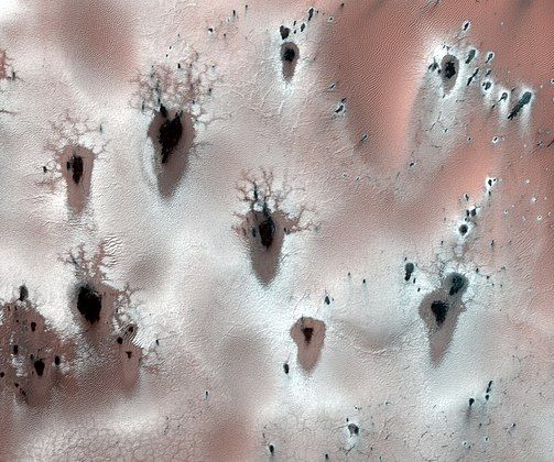 Fractal defrosting patterns, polar Mars. The patterns are formed by sublimation of frozen CO2. Width of image is about a kilometer.