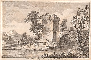 Landscape with a ruin, a river, a shepherd and sheep (set of 6)